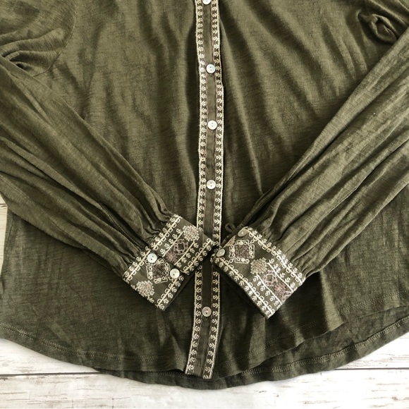 LUCKY BRAND Women Olive Green Embroidery Detail Long Sleeve Blouse Sz XS - Picture 8 of 13